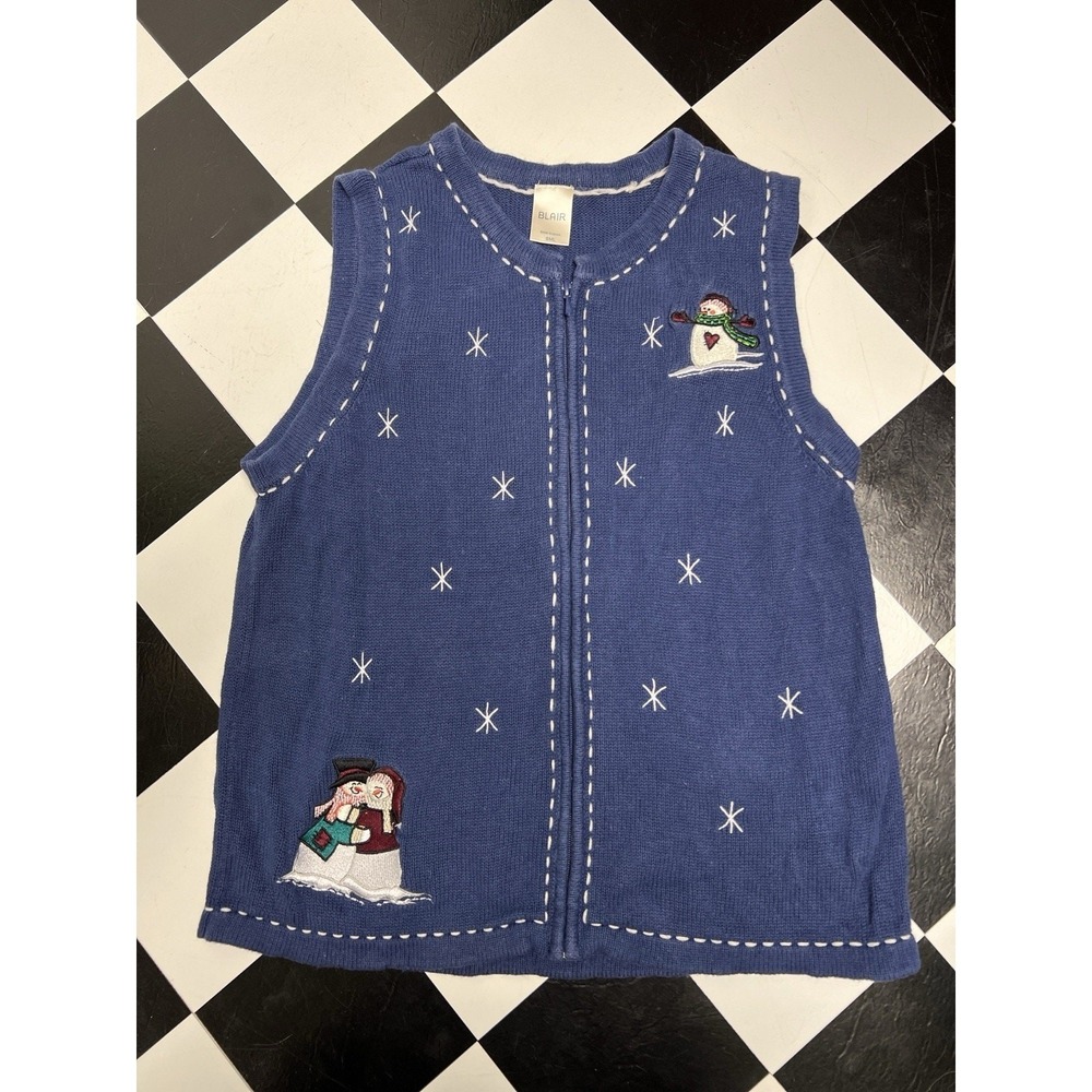 Womens Christmas Winter Vest Sweater Small Snowmen Snowflakes Granny Embroidered